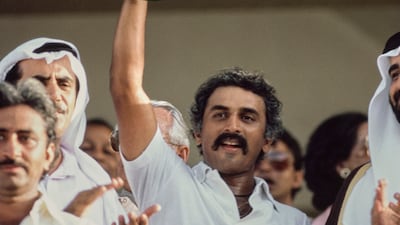 Sunil Gavaskar raising the trophy after India won the first Asia Cup on April 13, 1984 in Sharjah. Getty Images