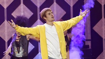 Justin Bieber is pictured performing at the 2016 Jingle Ball at Staples Center on Friday, December 2, 2016, in Los Angeles. Chris Pizzello / Invision / AP