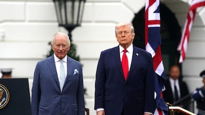 Mr Trump and King Charles during the welcome ceremony. EPA