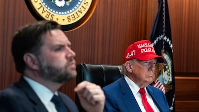 In this image provided by the White House, President Donald Trump, right, and Vice President JD Vance sit in the Situation Room, Saturday, June 21, 2025, at the White House in Washington. (The White House via AP)