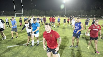 Members of the new Dubai Sports City Eagles rugby team during training at Dubai Sports City. Antonie Robertson / The National