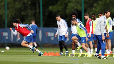 Chelsea's David Luiz, Willian and Eden Hazard with teammates during training. Reuters