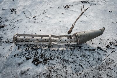 The casing of a cluster bomb rocket in Zarichne, Ukraine. AFP