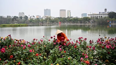 A worker tends to flowers by Hoan Kiem Lake in Hanoi. Vietnam is the third-largest economy in Southeast Asia. AFP