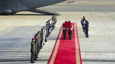 The body of First Corporal Abdullah Mohammed Ahmed Al Dahmani arrives at Al Bateen Airport in Abu Dhabi. WAM