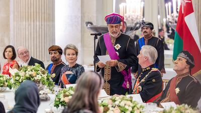 Sultan Haitham gives a speech at the dinner in Brussels. Getty Images