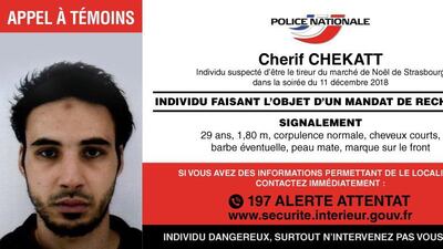A handout photo made available by French National Police on Twitter on 01 December 2018 shows a Wanted Notice of Cherif Chekatt who is suspected of the deadly Strasbourg Christmas market shooting. EPA