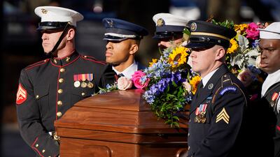 A military team carries the casket of former first lady Rosalynn Carter as it arrives at the Jimmy Carter Presidential Library and Museum for her memorial service in Atlanta, Georgia, US. AP