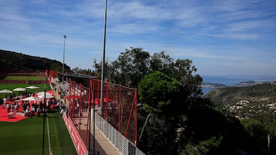 A photograph shows the pitch at the Performance Center, the new training center of the AS Monaco football club, on its inauguration day in La Turbie, southeastern France, on September 5, 2022. (Photo by Valery HACHE / AFP)