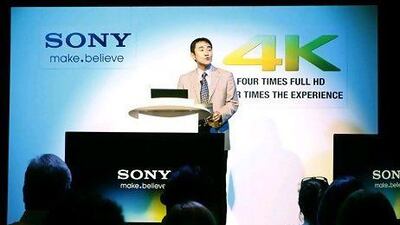 Hiroyasu Sugiyama, the managing director of Sony Middle East and Africa, unveils the 4K LCD TV, the largest 84-inch television in the market. Jeffrey E Biteng / The National