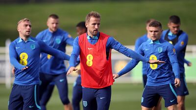 Harry Kane with England teammates during a training session at St. George's Park. PA