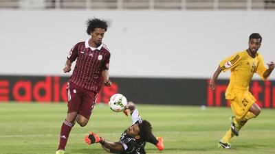 Mohammed Al Shehhi, left, scored Al Wahda’s third goal during their 5-0 victory over Kalba at Abu Dhabi on Tuesday night. Delores Johnson / The National