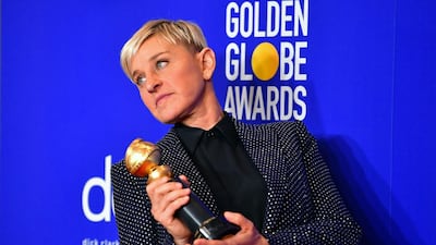 Ellen DeGeneres poses with the Carol Burnett award during the 77th annual Golden Globe Awards in Beverly Hills, California in 2020. AFP