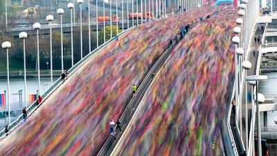 Competitors run on the Reichsbrucke bridge during the Vienna Marathon. AFP