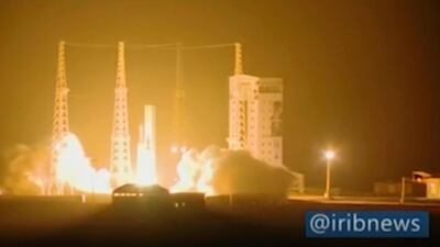 In this image taken from video an Iranian rocket carrying a satellite is launched from Imam Khomeini Spaceport in Iran’s Semnan province on Sunday, February 9. IRIB via AP