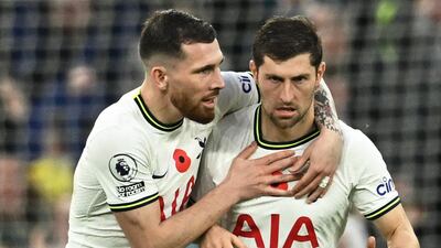 Tottenham Hotspur's Ben Davies celebrates their second goal with Pierre-Emile Hojbjerg. Reuters