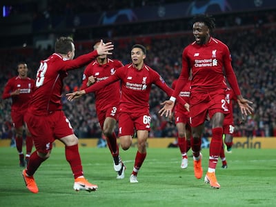 Divock Origi of Liverpool celebrates as he scores his team's fourth goal. Getty Images