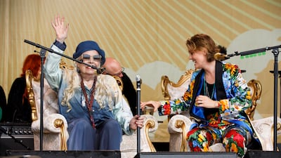 Brandi Carlile introduces Joni Mitchell for a special Joni Jam at the Newport Folk Festival 2022, California, on Sunday.