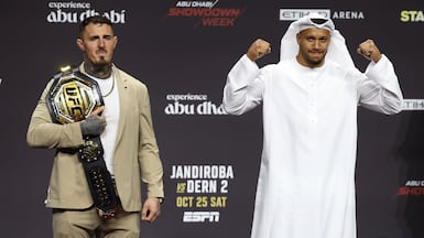 Champion Tom Aspinall and Ciryl Gane face off during the press conference ahead of their title fight in the heavyweight division. UFC 321. Etihad Arena, Yas Island, Abu Dhabi. Chris Whiteoak / The National