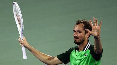 Russia's Daniil Medvedev celebrates after winning his round of 16 match against Italy's Lorenzo Sonego at the Dubai Tennis Duty Free Championships 3-6, 6-3, 6-3 on Wednesday, February 28, 2024. Reuters