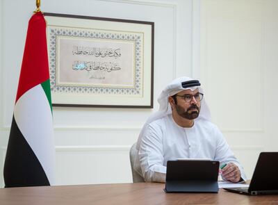 Mohammed Al Gergawi, Minister of Cabinet Affairs and the Future, attends the government meeting remotely. Courtesy: UAE Government Twitter