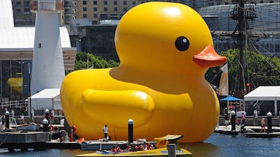The yellow rubber duck by Dutch artist Florentijn Hofman, is prepared prior to being floated into Sydney's Darling Harbour on January 5, 2013 AFP Photo/Greg Wood