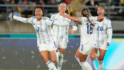 Philippines' Sarina Bolden celebrates after scoring her team's first goal during their Women's World Cup match against New Zealand in Wellington on Tuesday, July 25, 2023. AP