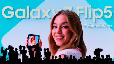 A photograph of actress Sydney Sweeney projected on the stage during Samsung's Galaxy Unpacked event in Seoul, South Korea. SeongJoon Cho / Bloomberg