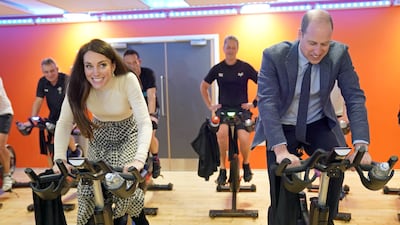 Catherine takes part in a spin class during a visit to Aberavon Leisure and Fitness Centre in Port Talbot, in February 2023