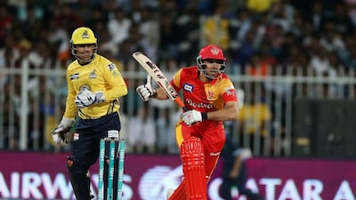Misbah-ul-Haq of Islamabad United playing a shot against Peshawar Zalmi in the Pakistan Super League T20 match at Sharjah Cricket Stadium in Sharjah. (Pawan Singh/The National)
