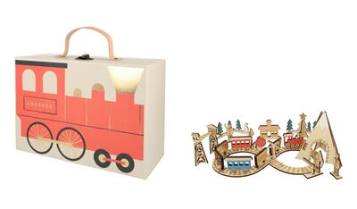 Children can build this wooden railway scene piece by piece. Photo: Meri Meri