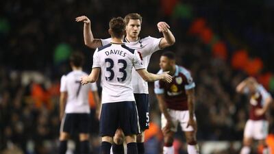 Ben Davies and Jan Vertonghen of Tottenham Hotspur embrace after the final whistle during the Premier League match between Tottenham Hotspur and Burnley at White Hart Lane on December 18, 2016 in London, England. Julian Finney / Getty Images