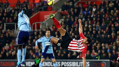 Graziano Pelle of Southampton attempts an overhead kick during his side's 0-0 draw with Southampton in the Premier League on Wednesday night. Michael Steele / Getty Images