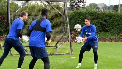 Marcus Bettinelli, Edouard Mendy and Kepa Arrizabalaga train at Chelsea Training Ground. Getty