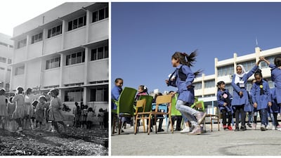 A combination picture shows Palestinian refugee students playing in their schoolyard in Amman New camp, Jordan, in this handout picture believed to be taken in 1969 and Palestinian refugee schoolchildren playing at one of the UNRWA schools in Amman New camp (al Wehdat), in Amman, Jordan, September 26, 2019. REUTERS