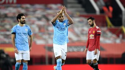 Manchester City's Fernandinho celebrates after scoring his side's second goal. PA