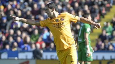 Barcelona' forward Luis Suarez celebrates a goal against Levante UD at the Ciutat de Valencia stadium in Valencia on February 7, 2016. (Jose Jordan / AFP)