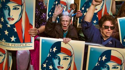 A rally against Donald Trump's executive order banning travel from seven Muslim-majority nations in New York's Times Square, February 19, 2017. AP Photo