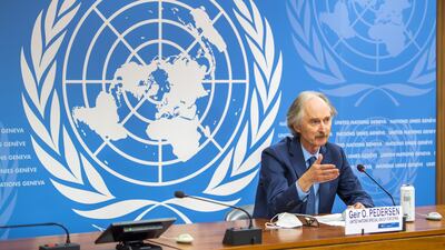 Geir Pedersen, the UN special envoy for Syria, speaks to the media at the UN's European headquarters in Geneva. EPA