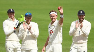 Stuart Broad of England celebrates after taking the wicket of Kraigg Brathwaite of West Indies for his 500th Test wicket at Emirates Old Trafford in Manchester. Getty