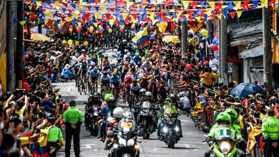 Cyclists race during the sixth and final stage of the Tour Colombia, in Bogota, on Sunday, February 16. AFP