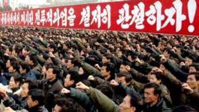 Tens of thousands of North Koreans take to the streets in Pyongyang's Kim Il Sung plaza.