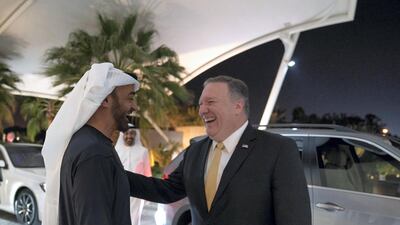 Sheikh Mohamed bin Zayed greets Mike Pompeo upon his arrival at Al Shati Palace. Mohamed Al Hammadi / Ministry of Presidential Affairs