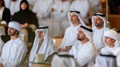 From left, Sheikh Zayed bin Saif; Sheikh Nahyan bin Mubarak, Minister of Tolerance and Coexistence; Sheikh Saif bin Zayed, Deputy Prime Minister and Minister of Interior; and Sheikh Khalifa bin Saif attend the lecture