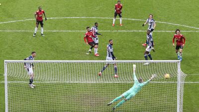 Baggies goalkeeper Sam Johnstone is beaten by Bruno Fernandes' shot for United to level the scores. AP