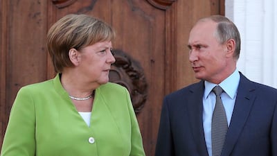 Angela Merkel speaks with Vladimir Putin during a bilateral meeting at Schloss Meseberg castle in Meseburg, Germany, August 18, 2018. Bloomberg