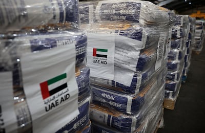 Aid donated by the UAE for Gaza is stored in a warehouse at the port of Limassol, Cyprus. Reuters