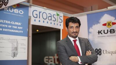 Anwar Sarhan of Groasis is one of about 250 exhibitors participating in the Global Forum for Innovations in Agriculture exhibition that runs through Wednesday in Abu Dhabi. Mona Al Marzooqi / The National