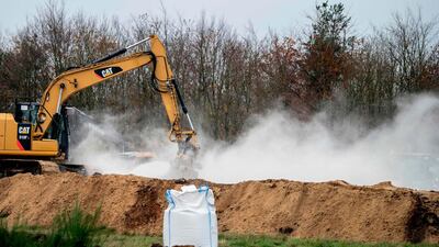 An excavator buries dead mink in ditches. The country's 17 million-strong mink population is facing a cull after they were found to be spreading a mutated version of the coronavirus. AFP