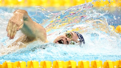Leon Marchand of France swims the freestyle leg in the men's 100m individual medley final during the World Aquatics Swimming World Cup 2024, in Singapore. Getty Images